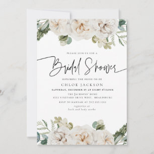 Invitación Floral blanca beige invierno verde ducha de novia 