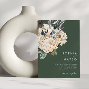 Invitación Floral blanca Boda Casual Verde oscuro