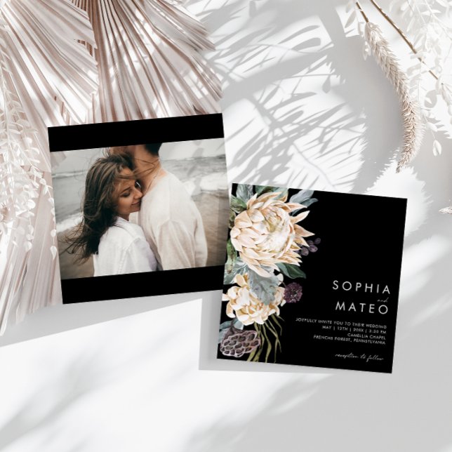 Invitación Floral blanca | Boda de Black Photo Square (Subido por el creador)