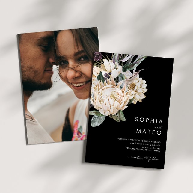 Invitación Floral blanca | Boda de fotos Casual Negro (Subido por el creador)