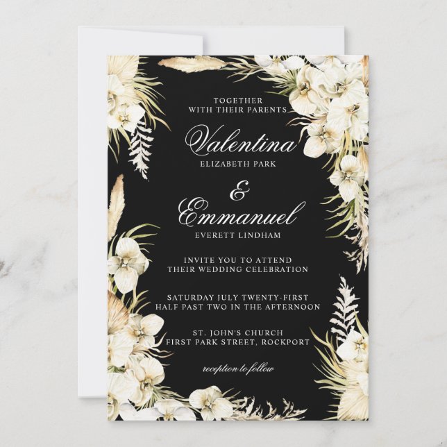 Invitación Floral blanca Boda tropical sobre negro (Anverso)