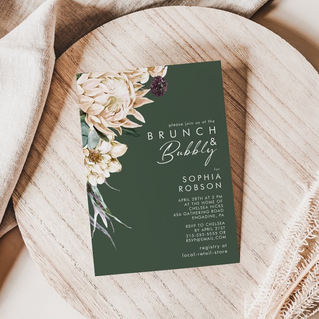 Invitación Floral blanca | Brunch verde oscuro y burbuja (Subido por el creador)