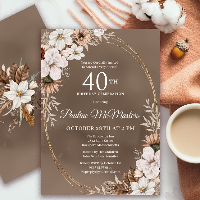 Invitación Floral blanca Caída Neutral Bouquet 40 cumpleaños (Need a matching fall Welcome Sign. Message me! Party supplies available too!)