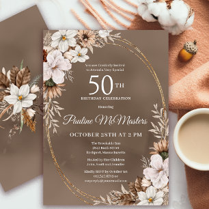 Invitación Floral blanca Caída Neutral Bouquet 50 cumpleaños