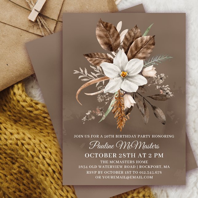 Invitación Floral blanca Caída Neutral Bouquet 50 cumpleaños (Need a matching fall Welcome Sign? Message me!)
