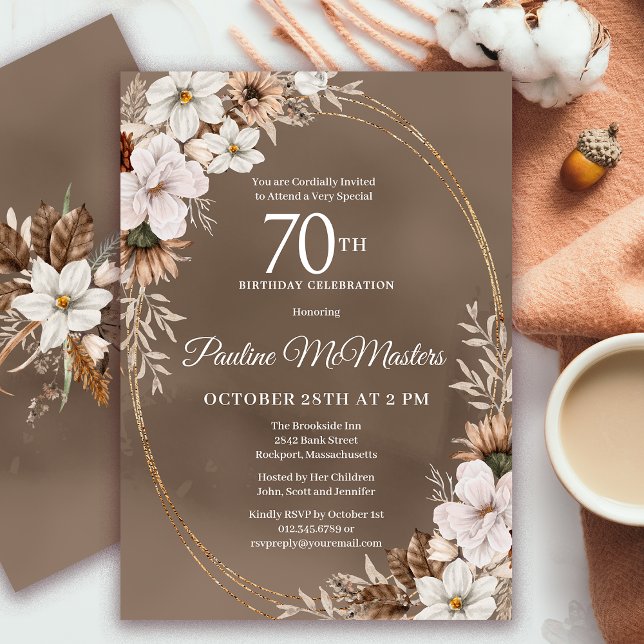 Invitación Floral blanca Caída Neutral Bouquet 70 cumpleaños (Need a matching fall Welcome sign? Message me! Party supplies available too!)