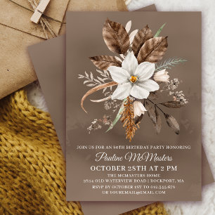 Invitación Floral blanca Caída Neutral Bouquet 80 cumpleaños