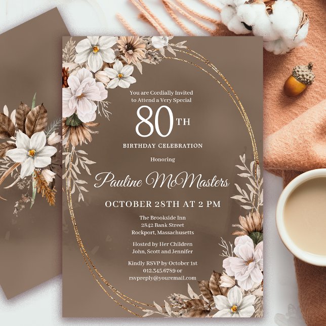 Invitación Floral blanca Caída Neutral Bouquet 80 cumpleaños (Need a matching Fall Welcome Sign? Message me! Party supplies available too!)