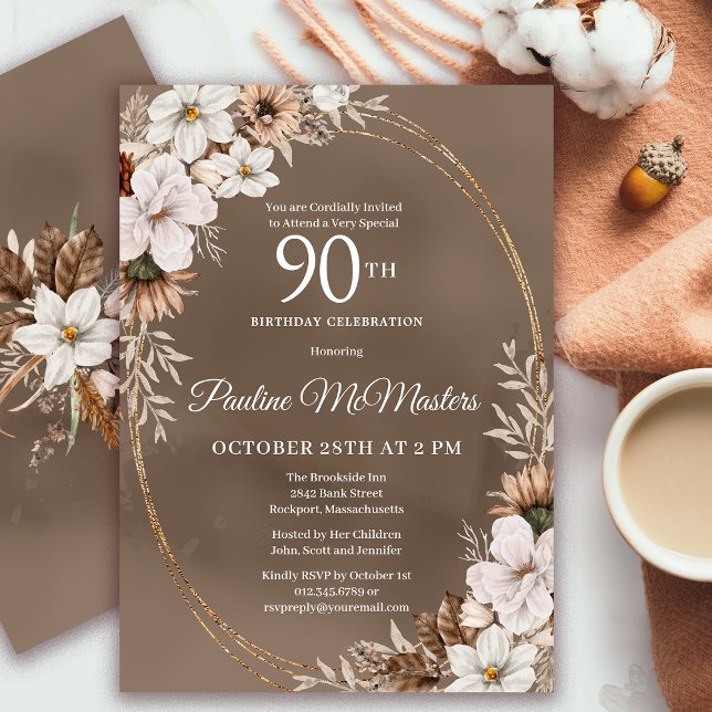 Invitación Floral blanca Caída Neutral Bouquet 90 cumpleaños (Need a matching fall Welcome Sign? Message me! Party supplies available too.)