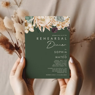 Invitación Floral blanca   Cena de ensayo verde oscuro