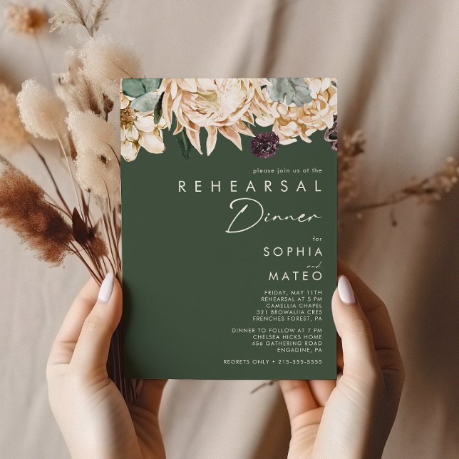 Invitación Floral blanca | Cena de ensayo verde oscuro (Subido por el creador)
