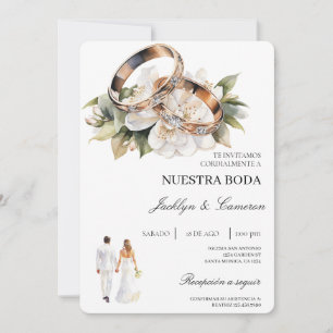 Invitación Floral blanca con anillo Boda español
