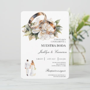 Invitación Floral blanca con anillo Boda español