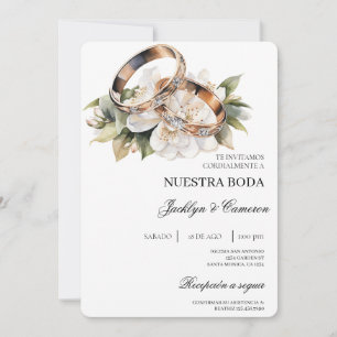 Invitación Floral blanca con anillo Boda español