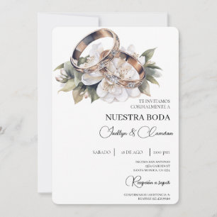 Invitación Floral blanca con anillo Boda español