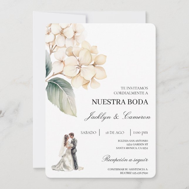 Invitación Floral blanca con anillo Boda español (Anverso)