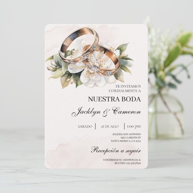 Invitación Floral blanca con anillo Boda español (Anverso de pie)