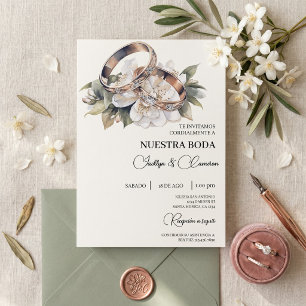 Invitación Floral blanca con anillo Boda español