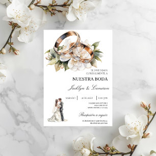 Invitación Floral blanca con anillo Boda español