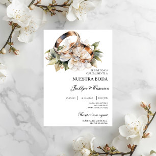 Invitación Floral blanca con anillo Boda español