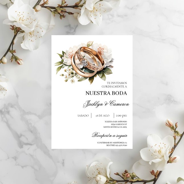 Invitación Floral blanca con anillo Boda español (Subido por el creador)