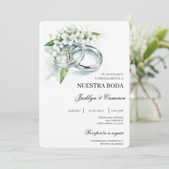 Invitación Floral blanca con anillo Boda español (Anverso de pie)