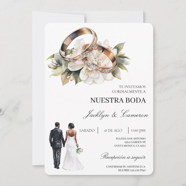 Invitación Floral Blanca con anillo Boda Española (Anverso)