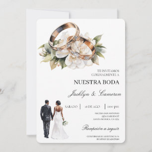 Invitación Floral Blanca con anillo Boda Española