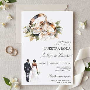 Invitación Floral Blanca con anillo Boda Española
