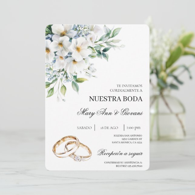 Invitación Floral blanca con anillo de oro Boda español (Anverso de pie)
