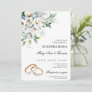 Invitación Floral blanca con anillo de oro Boda español
