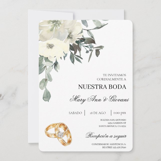 Invitación Floral blanca con anillo de oro Boda español (Anverso)