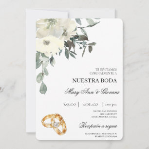 Invitación Floral blanca con anillo de oro Boda español