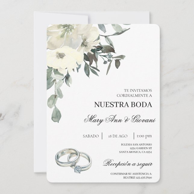 Invitación Floral blanca con anillo de plata Boda español (Anverso)