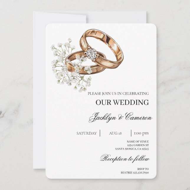 Invitación Floral blanca con Boda de anillo (Anverso)