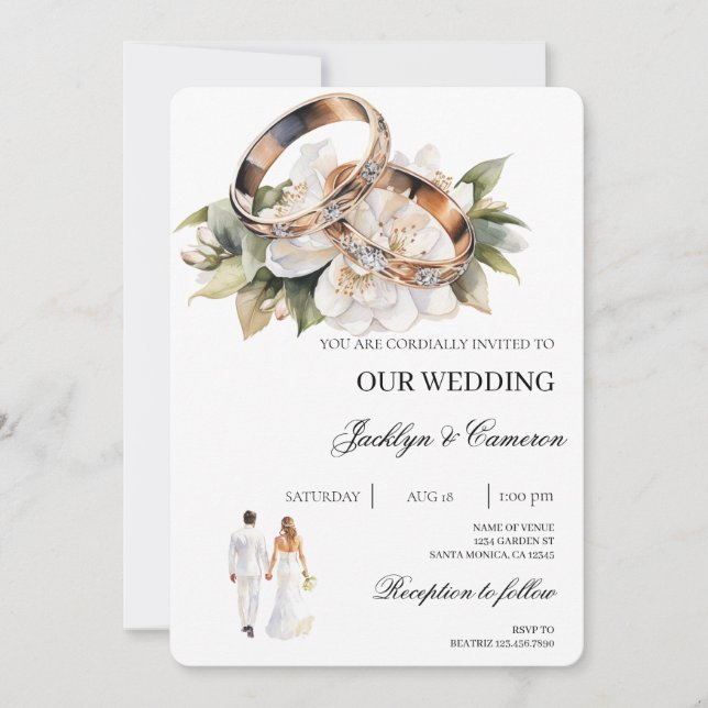 Invitación Floral blanca con Boda de anillo (Anverso)