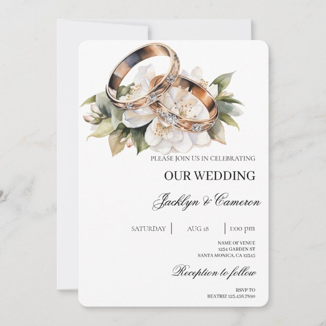 Invitación Floral blanca con Boda de anillo (Anverso)