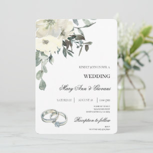 Invitación Floral blanca con Boda de anillo dorado