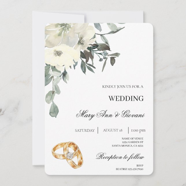 Invitación Floral blanca con Boda de anillo dorado (Anverso)