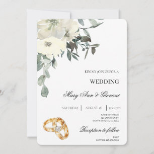 Invitación Floral blanca con Boda de anillo dorado