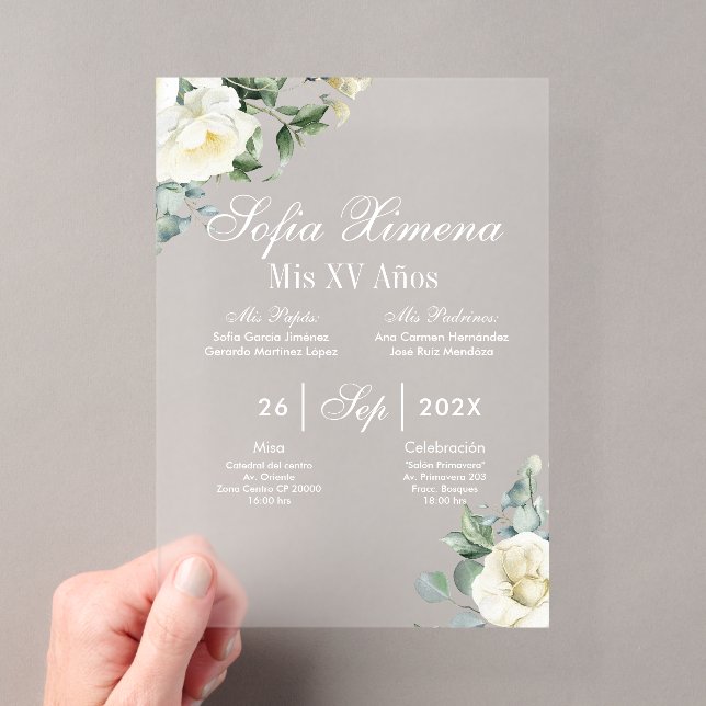 Invitación floral blanca con verde acrílico (Insitu (portátil))