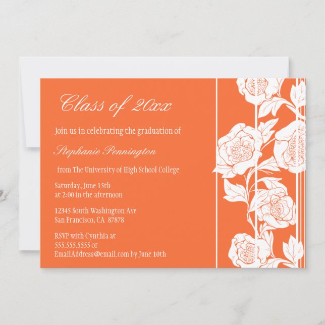 Invitación floral blanca coralina de la fiesta de (Anverso)