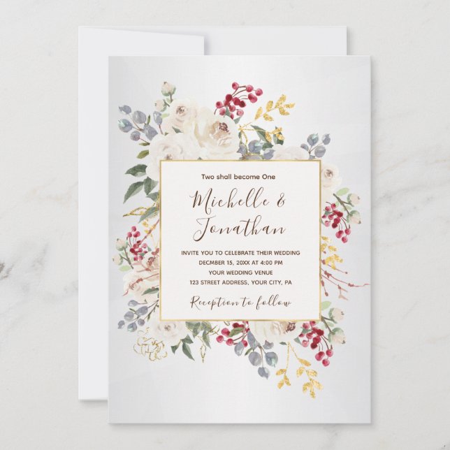 Invitación Floral blanca de invierno en un Boda cristiano (Anverso)