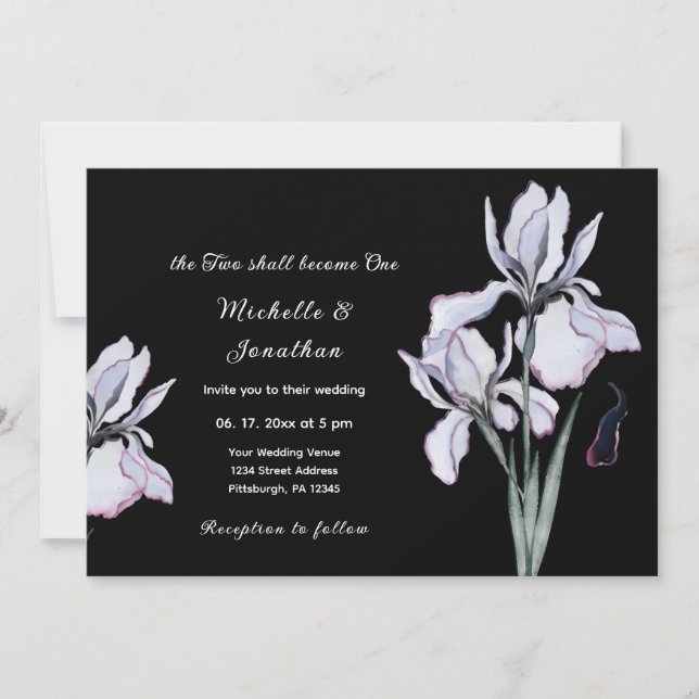 Invitación Floral blanca de iris sobre Boda cristiano negro (Anverso)