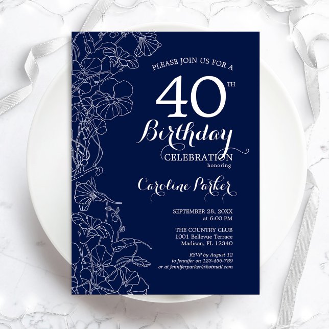 Invitación Floral blanca de la marina 40.ª Fiesta de cumpleañ (Subido por el creador)