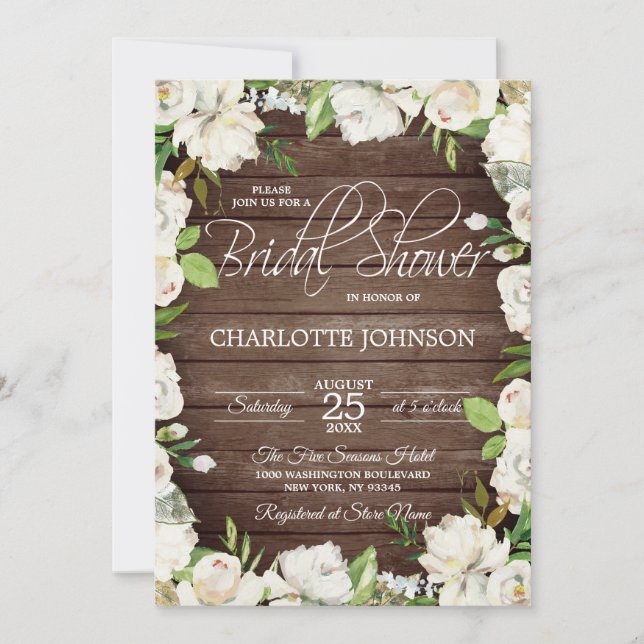 Invitación Floral blanca de madera rústica Ducha nupcial (Anverso)