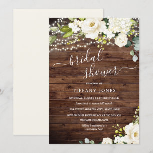 Invitación Floral blanca de madera rústica Luces Británicas D