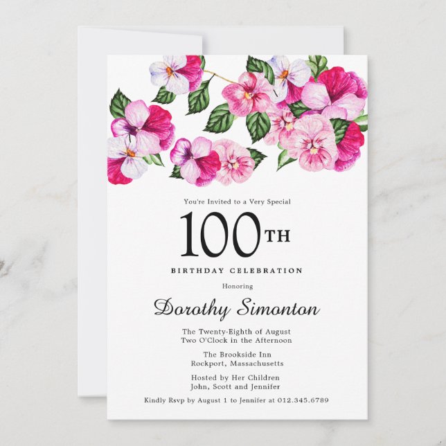 Invitación Floral blanca de magenta rosa bonito 100 cumpleaño (Anverso)