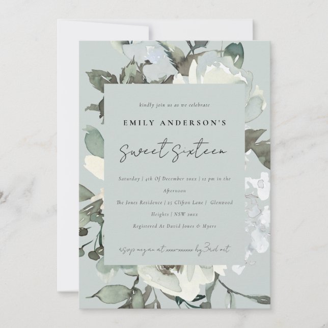 INVITACIÓN FLORAL BLANCA DE MARFIL GRIS DULCE 16 CUMPLEAÑOS (Anverso)