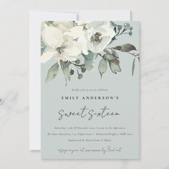 INVITACIÓN FLORAL BLANCA DE MARFIL GRIS DULCE 16 CUMPLEAÑOS (Anverso)